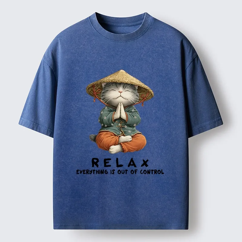 Tokyo-Tiger Zen Relax Cat Graphic Washed T-Shirt
