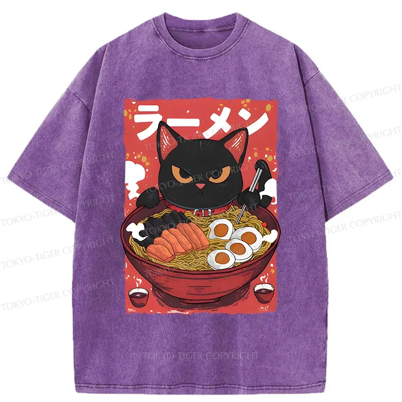 Tokyo-Tiger Black Cat Eating Ramen Washed T-Shirt
