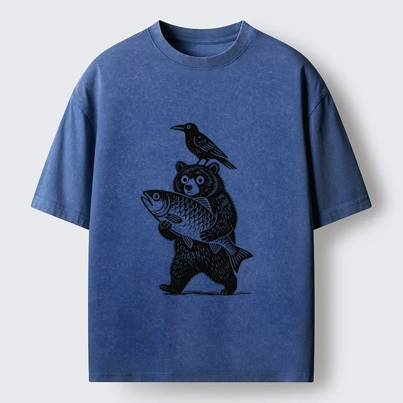 Tokyo-Tiger Bear Fish Crow Print Washed T-Shirt