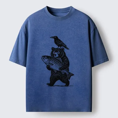 Tokyo-Tiger Bear Fish Crow Print Washed T-Shirt
