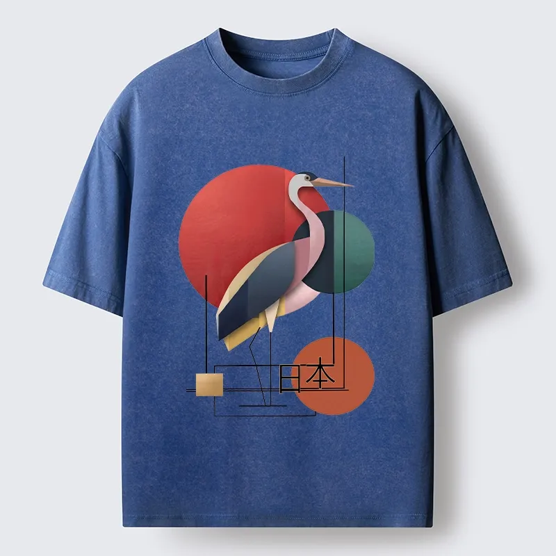 Tokyo-Tiger Geometric Crane Art Washed T-Shirt