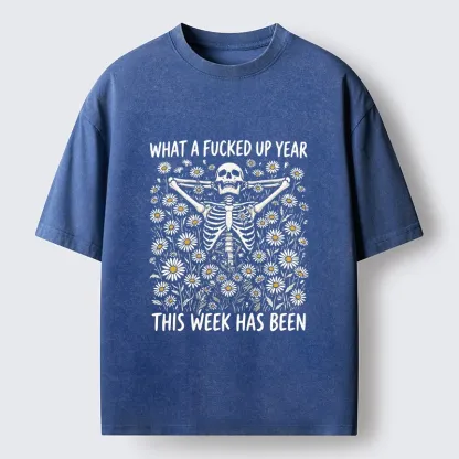 Tokyo-Tiger Bad Week Skeleton Quote Washed T-Shirt