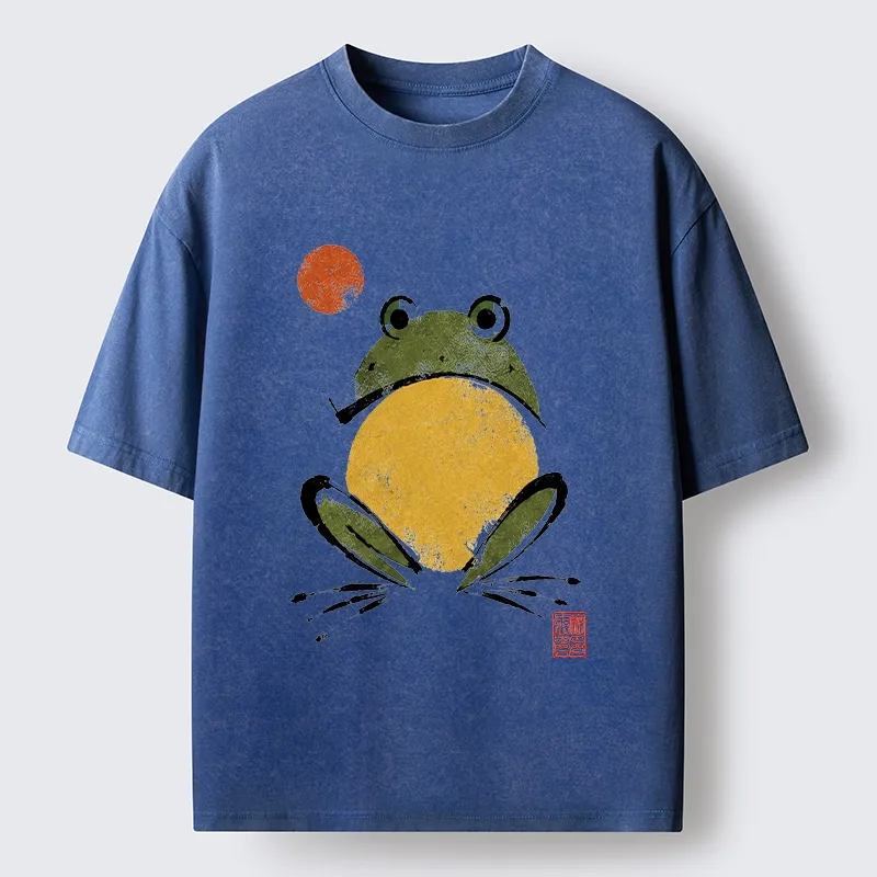 Tokyo-Tiger Ink Style Frog Art Washed T-Shirt