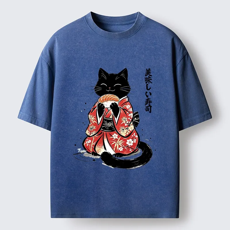 Tokyo-Tiger Sushi Loving Black Cat Washed T-Shirt