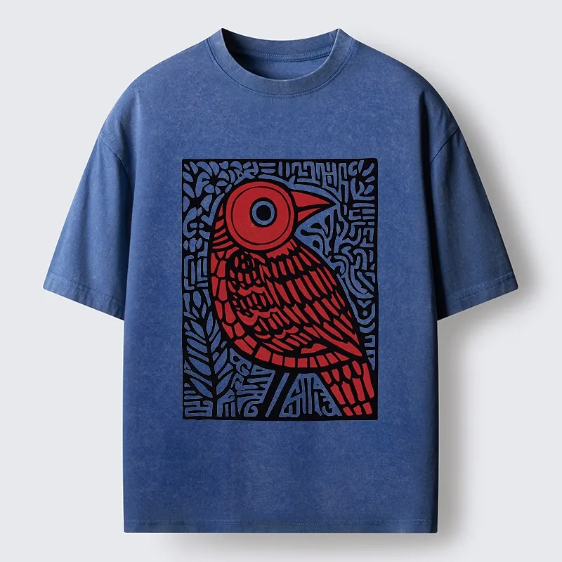 Tokyo-Tiger Retro Woodblock Bird Washed T-Shirt