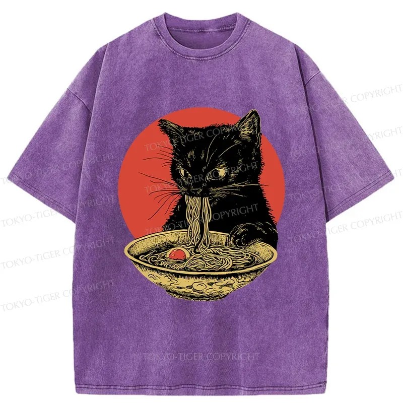 Tokyo-Tiger Retro Black Cat Eating Ramen Washed T-Shirt