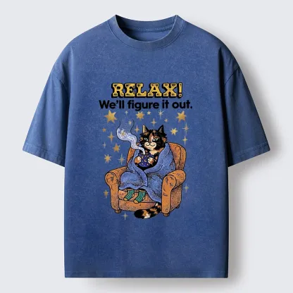 Tokyo-Tiger Chill Cat Relax Mode Washed T-Shirt