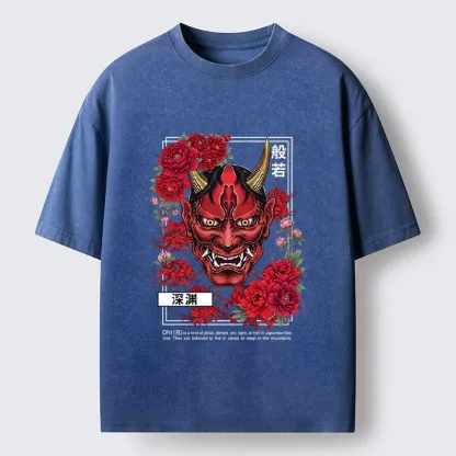 Tokyo‑Tiger Cool Oni Floral Art Washed T‑-Shirt