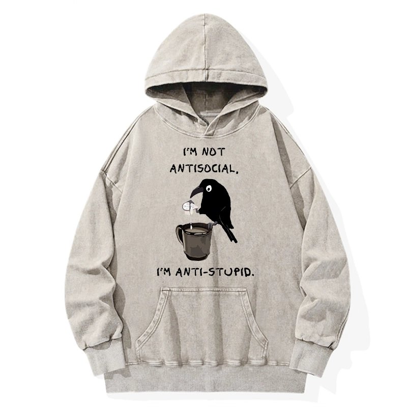 Tokyo-Tiger Cool Crow Sips Calm Coffee Alone Washed Hoodie