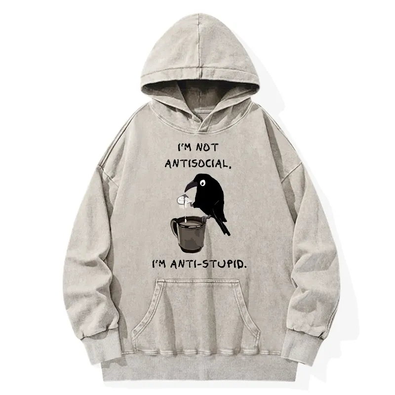 Tokyo-Tiger Cool Crow Sips Calm Coffee Alone Washed Hoodie