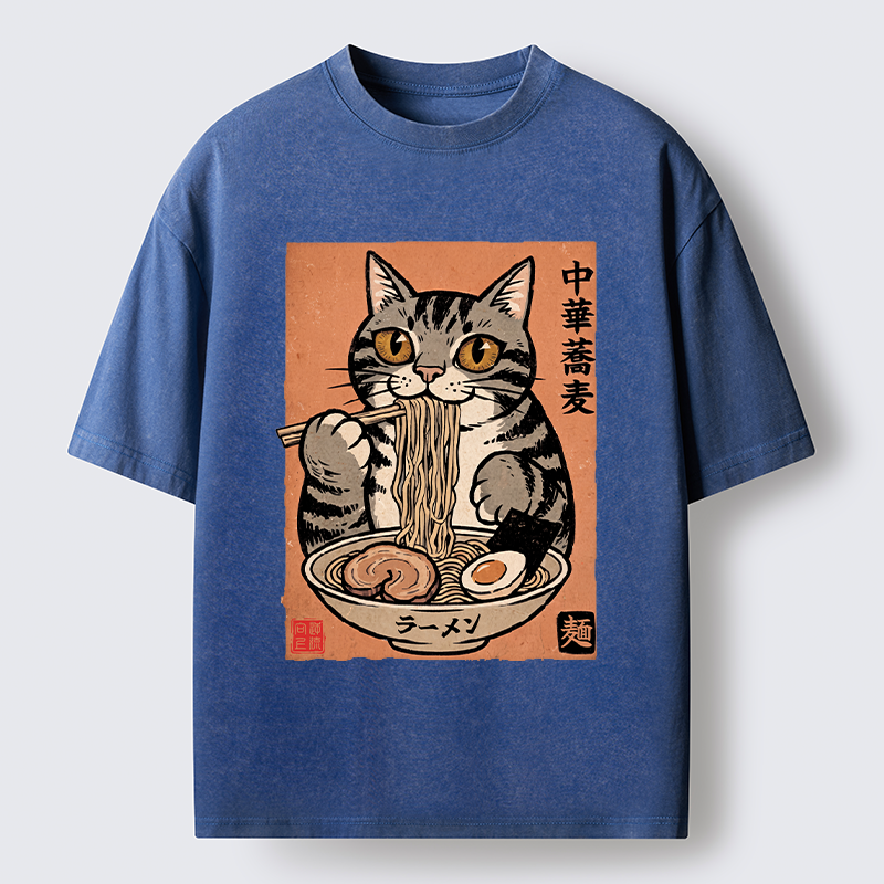 Tokyo‑Tiger Tanuki Eating Ramen Washed T-Shirt