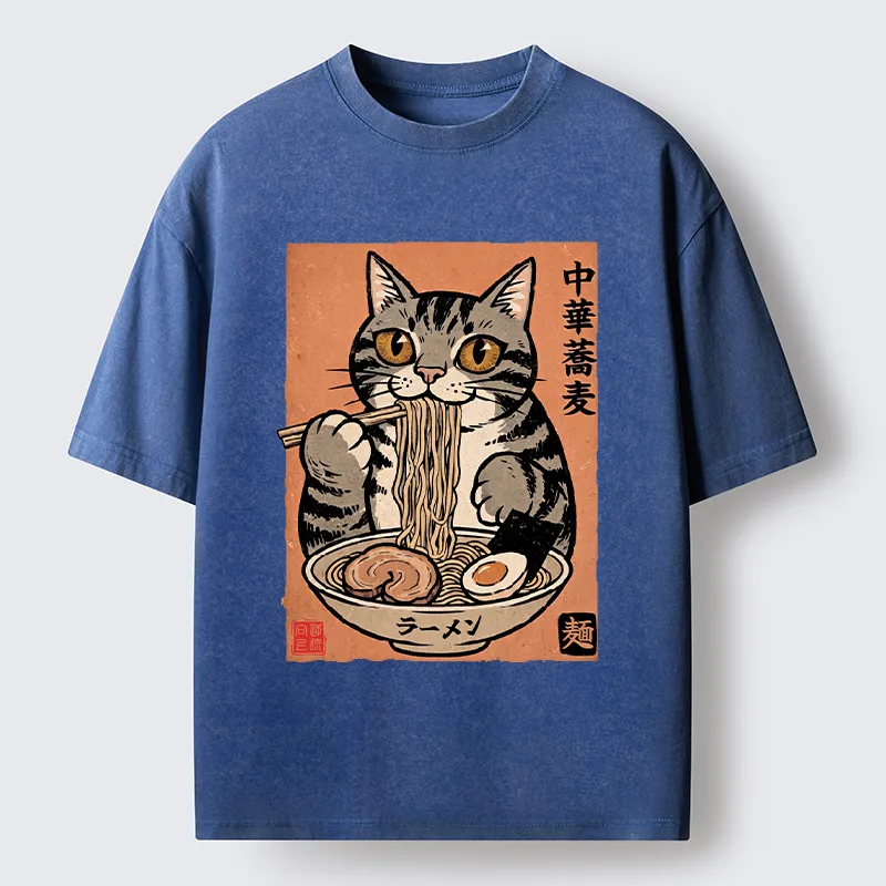 Tokyo‑Tiger Tanuki Eating Ramen Washed T-Shirt