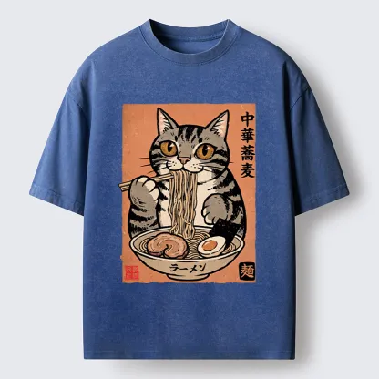 Tokyo‑Tiger Tanuki Eating Ramen Washed T-Shirt