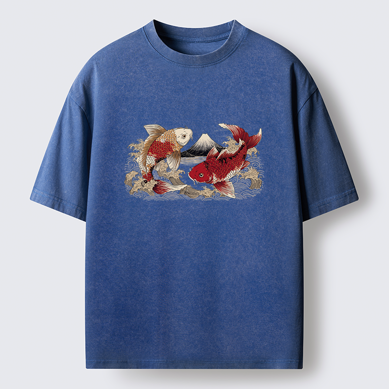 Tokyo‑Tiger Koi And Mount Fuji Washed T-Shirt
