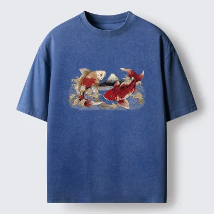 Tokyo‑Tiger Koi And Mount Fuji Washed T-Shirt