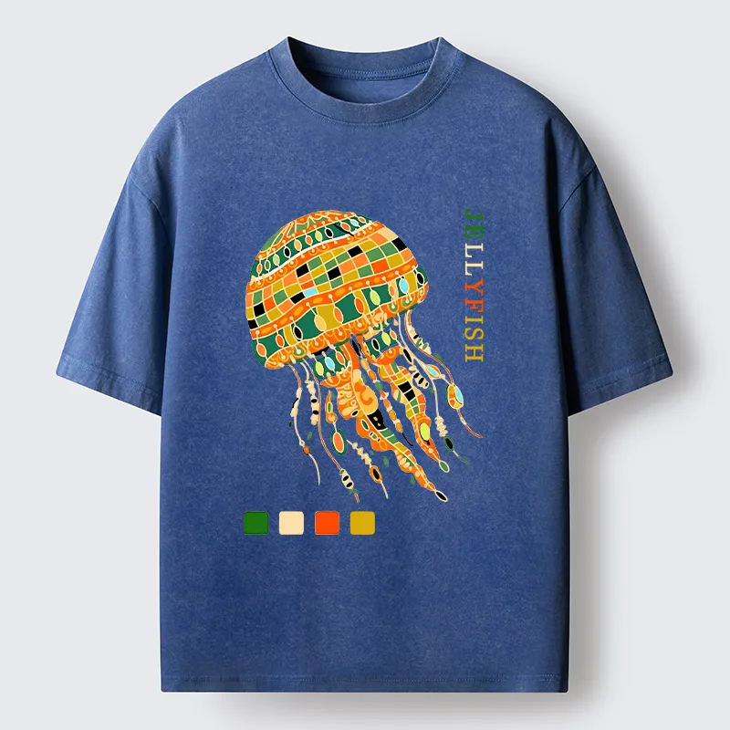 Tokyo‑Tiger Jellyfish Painting Art Washed T-Shirt