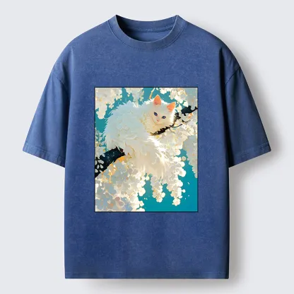 Tokyo‑Tiger Beautiful White Cat Art Washed T-Shirt