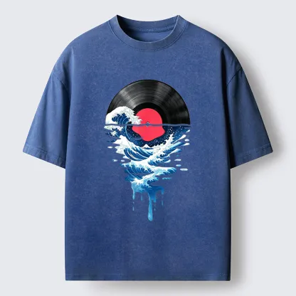 Tokyo‑Tiger Vinyl Records And Waves Washed T-Shirt