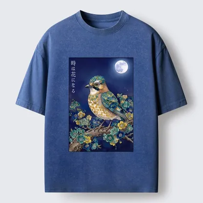 Tokyo-Tiger Moon Bird Floral Retro Art Washed T-Shirt