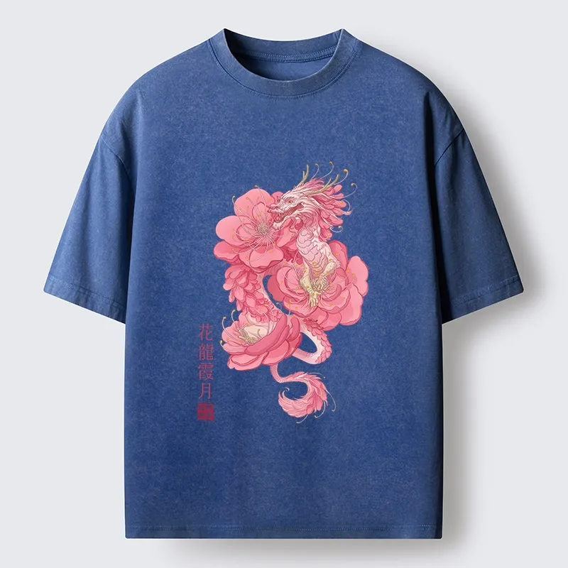 Tokyo-Tiger Pink Flower Dragon Washed T-Shirt