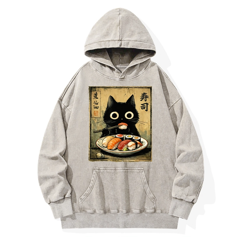 Tokyo-Tiger Vintage Japanese Sushi Cat Washed Hoodie