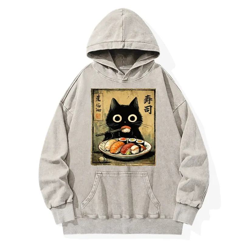Tokyo-Tiger Vintage Japanese Sushi Cat Washed Hoodie Sale