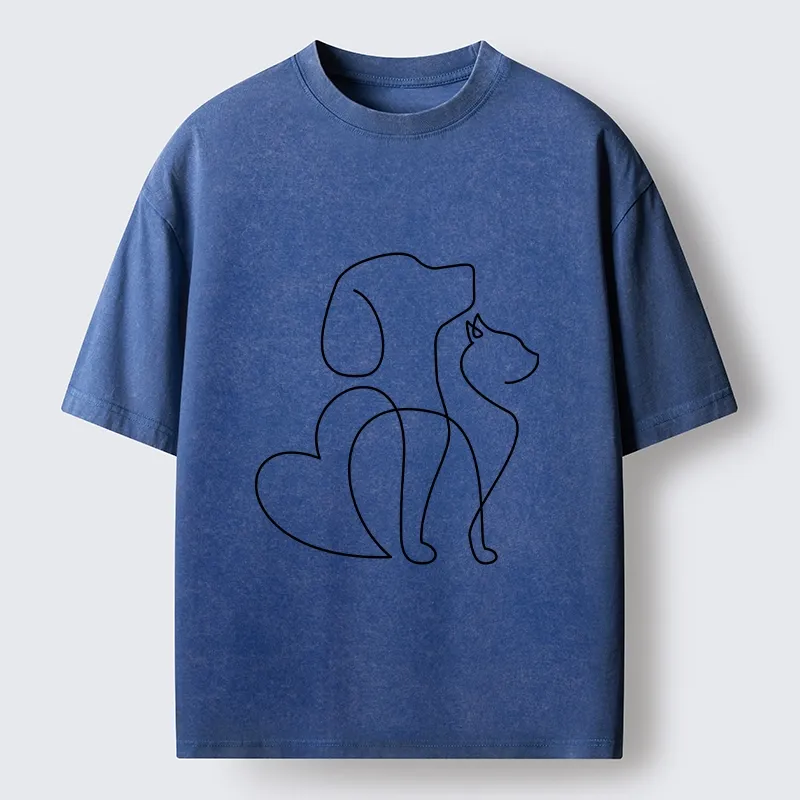 Tokyo-Tiger Cat Dog Love Line Art Washed T-Shirt