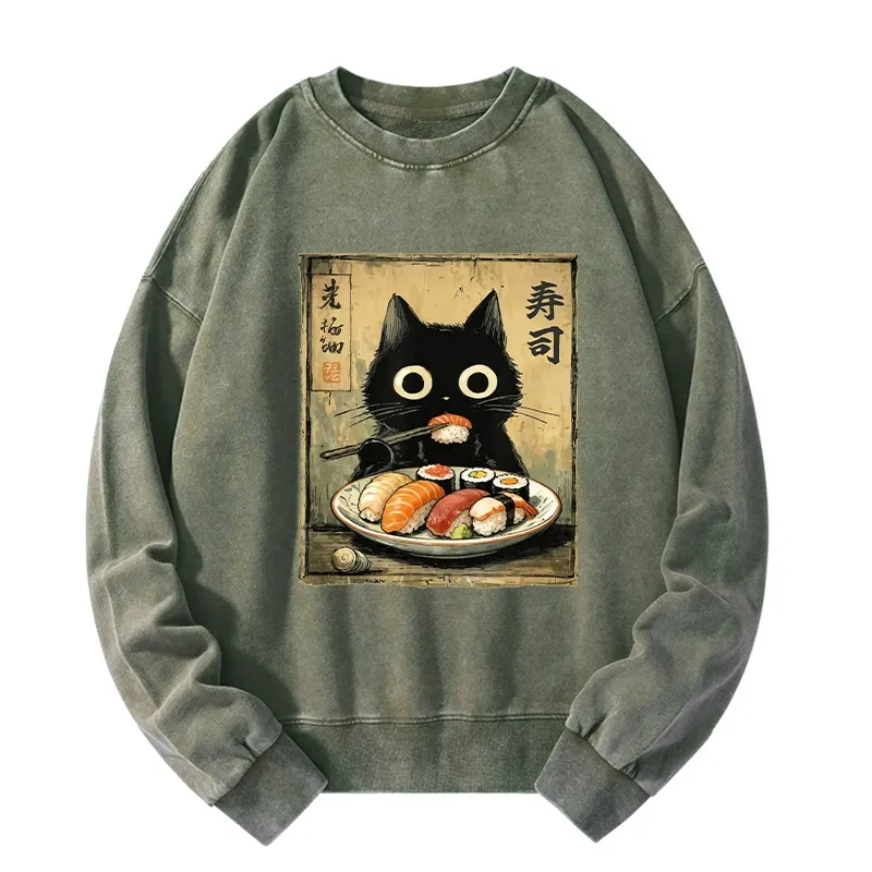 Tokyo-Tiger Vintage Japanese Sushi Cat Washed Sweatshirt