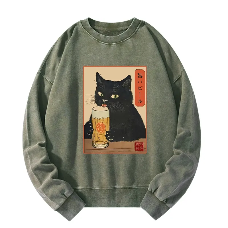 Tokyo-Tiger Cat Holding A Glass Of Beer Washed Sweatshirt