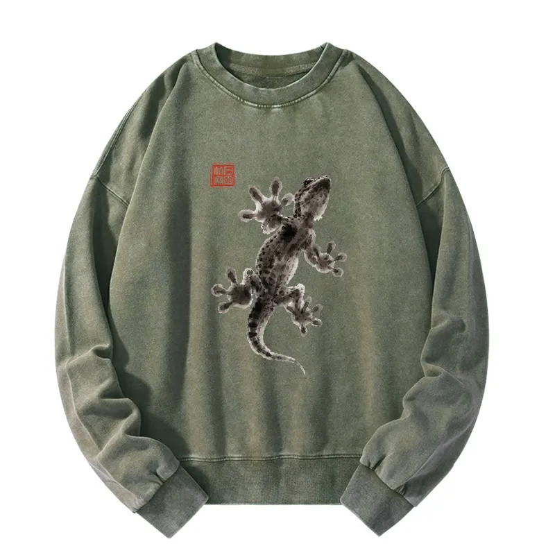 Tokyo-Tiger Minimal Asian Ink Brush Gecko Vibe Washed Sweatshirt