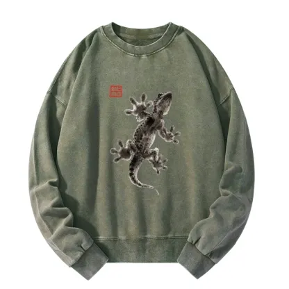 Tokyo-Tiger Minimal Asian Ink Brush Gecko Vibe Washed Sweatshirt