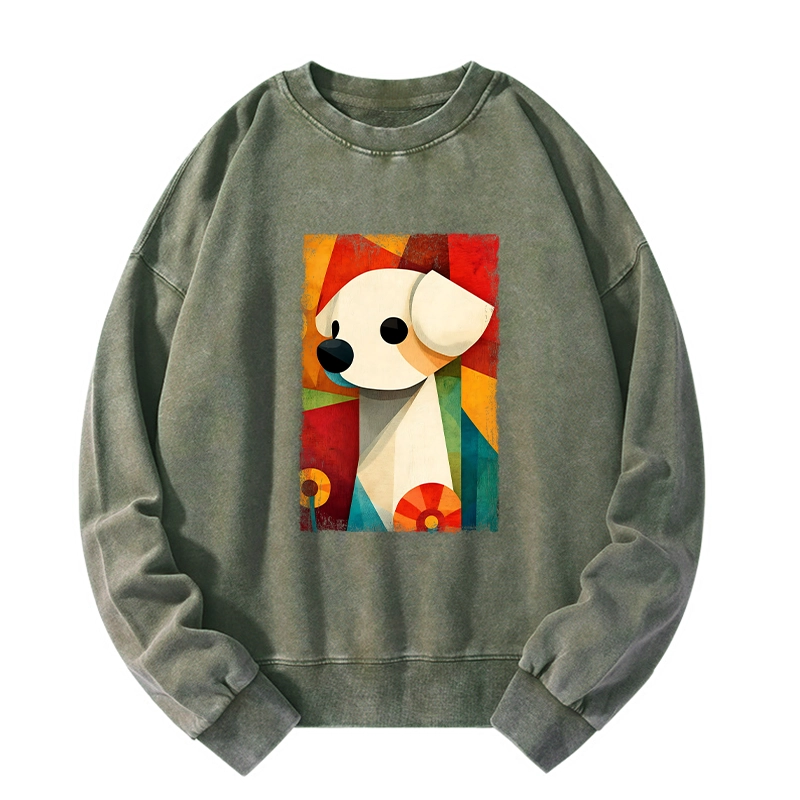 Tokyo-Tiger Retro Abstract Color Block Puppy Art Washed Sweatshirt