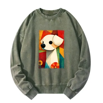 Tokyo-Tiger Retro Abstract Color Block Puppy Art Washed Sweatshirt