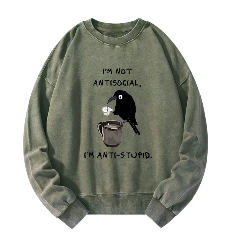 Tokyo-Tiger Cool Crow Sips Calm Coffee Alone Washed Sweatshirt