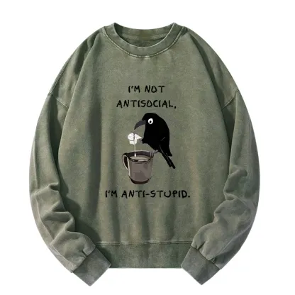 Tokyo-Tiger Cool Crow Sips Calm Coffee Alone Washed Sweatshirt