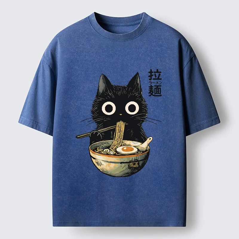 Tokyo-Tiger Funny Cat Ramen Feast Washed T-Shirt