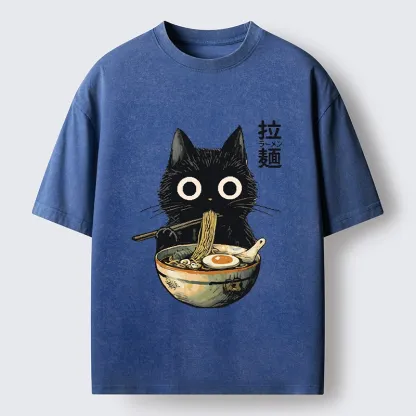 Tokyo-Tiger Funny Cat Ramen Feast Washed T-Shirt