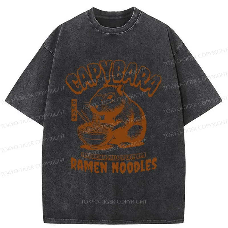 Tokyo-Tiger Retro Capybara Eating Ramen Washed T-Shirt