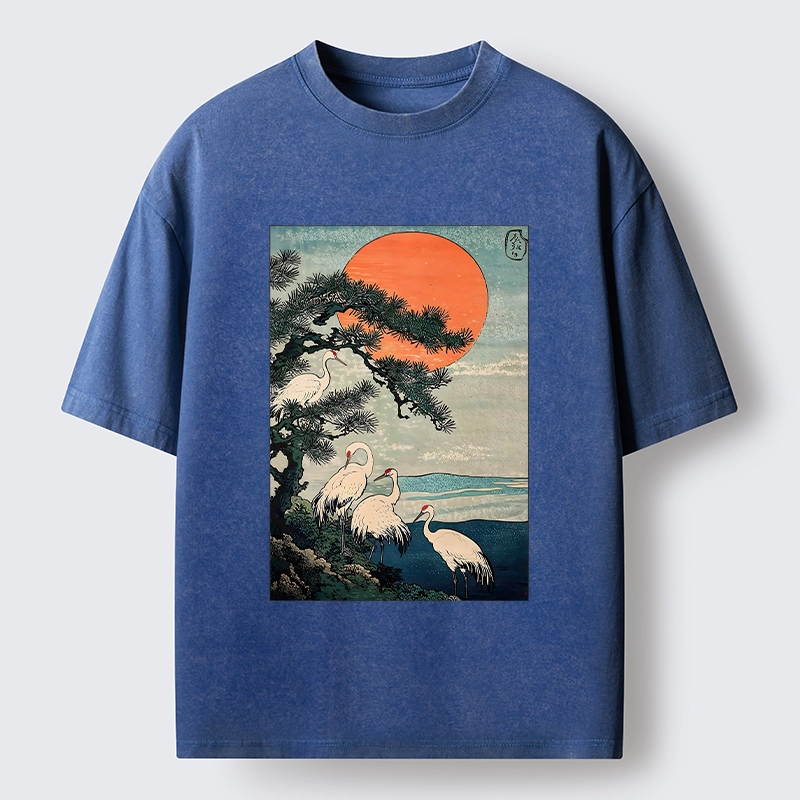 Tokyo‑Tiger Pine Crane Sunrise Washed T‑Shirt