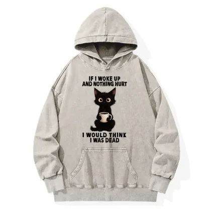 Tokyo-Tiger Funny Black Cat And Coffee Meme Washed Hoodie