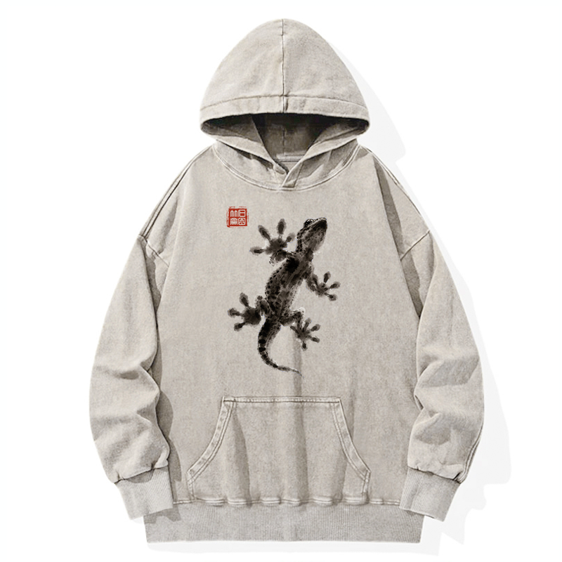 Tokyo-Tiger Minimal Asian Ink Brush Gecko Vibe Washed Hoodie