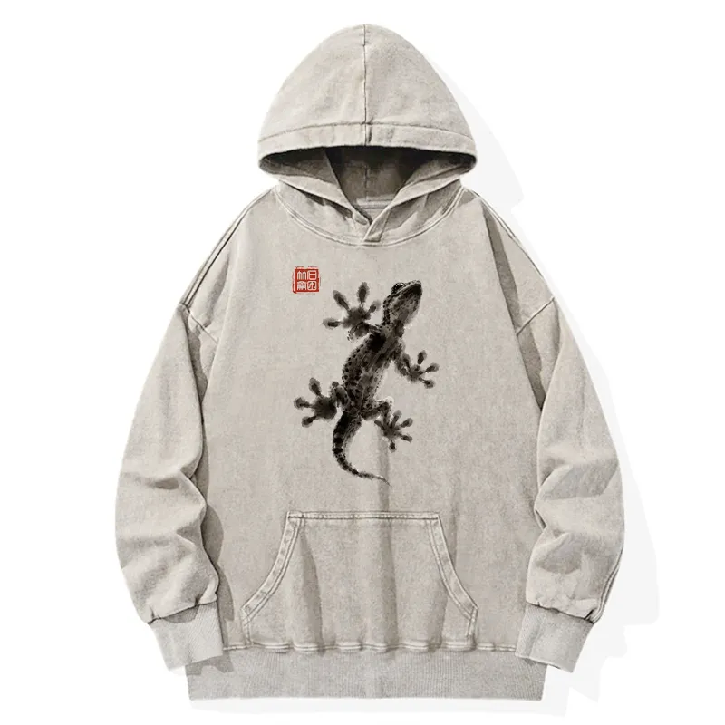 Tokyo-Tiger Minimal Asian Ink Brush Gecko Vibe Washed Hoodie Sale