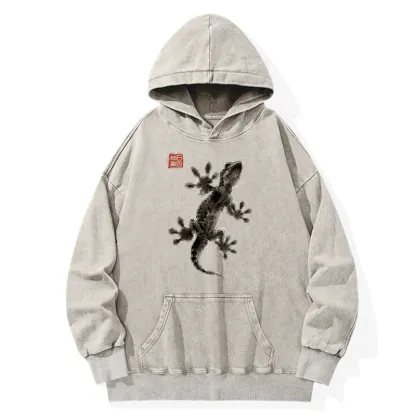Tokyo-Tiger Minimal Asian Ink Brush Gecko Vibe Washed Hoodie