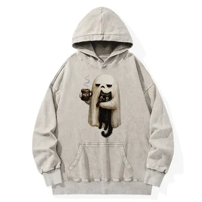 Tokyo-Tiger Ghost Cat Coffee Mood Washed Hoodie