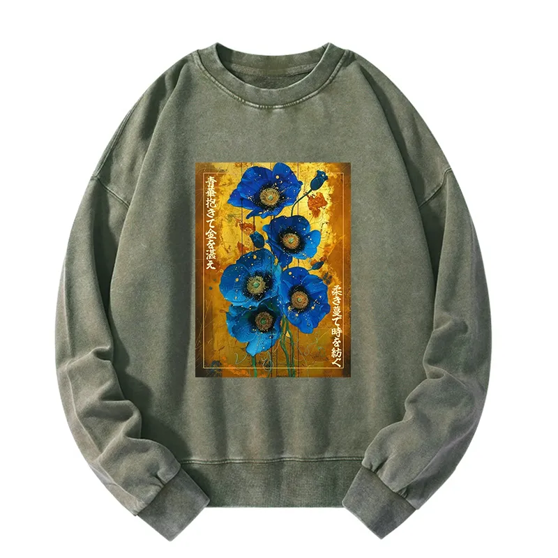 Tokyo-Tiger Shiny Blue Flower Warm Golden Background Washed Sweatshirt