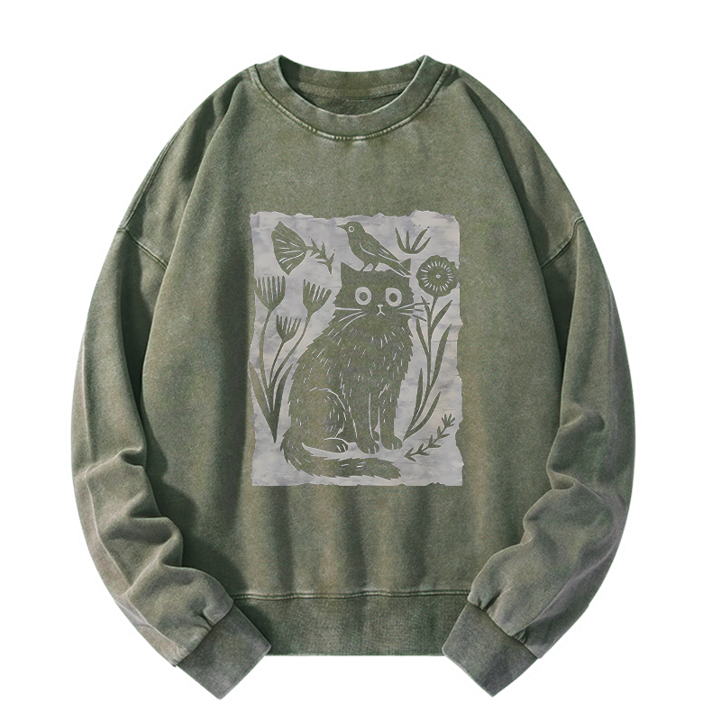 Tokyo-Tiger Folk Paper Cut Cat Bird Floral Art Washed Sweatshirt