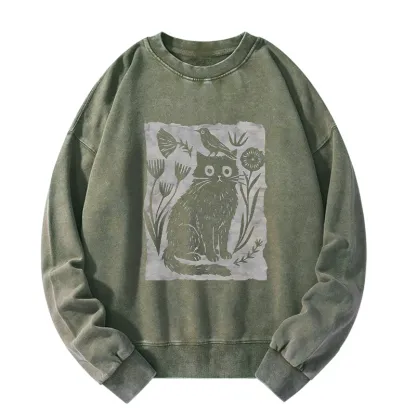 Tokyo-Tiger Folk Paper Cut Cat Bird Floral Art Washed Sweatshirt