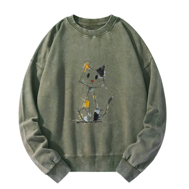 Tokyo-Tiger Minimal Splash Ink Cute Cat Washed Sweatshirt