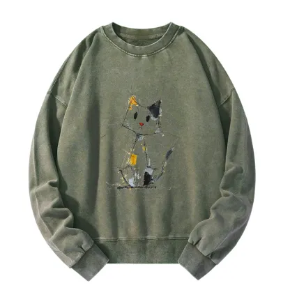 Tokyo-Tiger Minimal Splash Ink Cute Cat Washed Sweatshirt