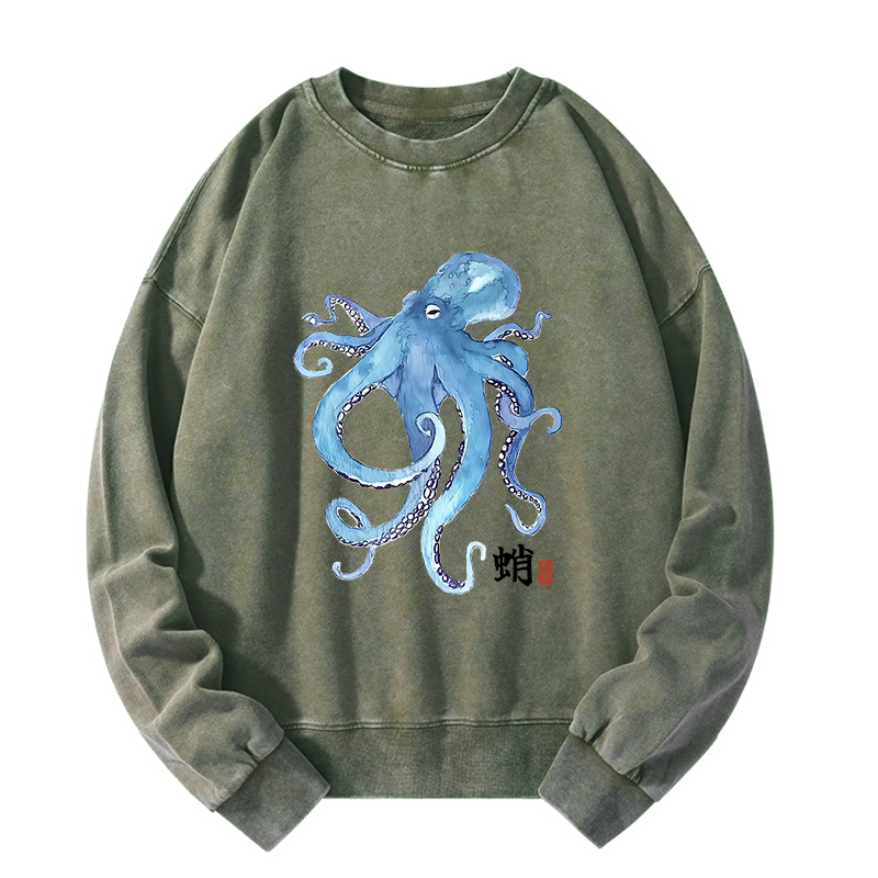 Tokyo-Tiger Watercolor Blue Octopus Washed Sweatshirt
